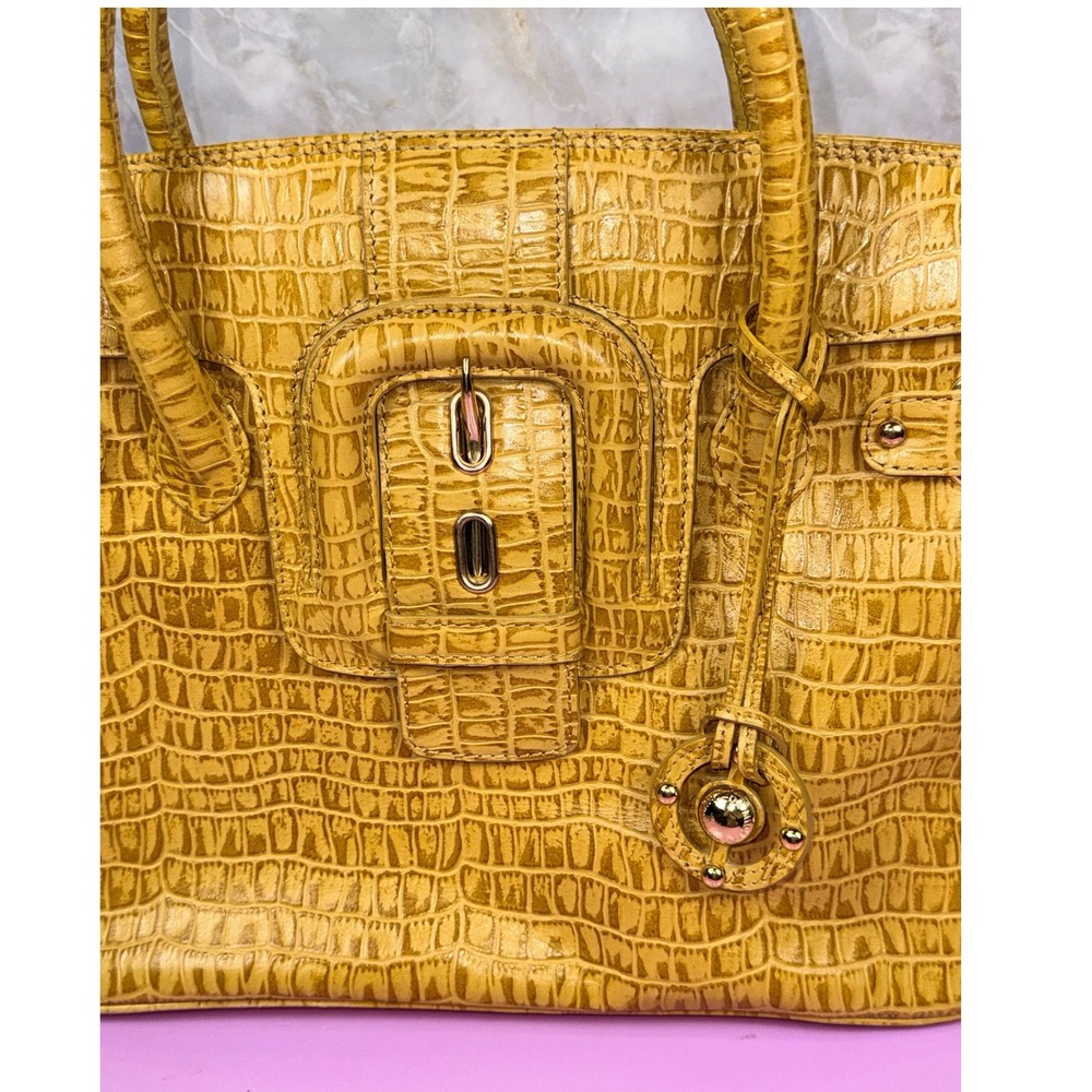 Da Milano Yellow Croc Embossed Genuine Leather Top Handle Satchel Y2K Mobwife - Picture 10 of 11